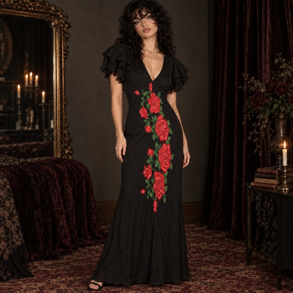 Vintage Y2K Raiment Fashions XL Black Red Rose Beaded Dark Romantic Maxi Dress